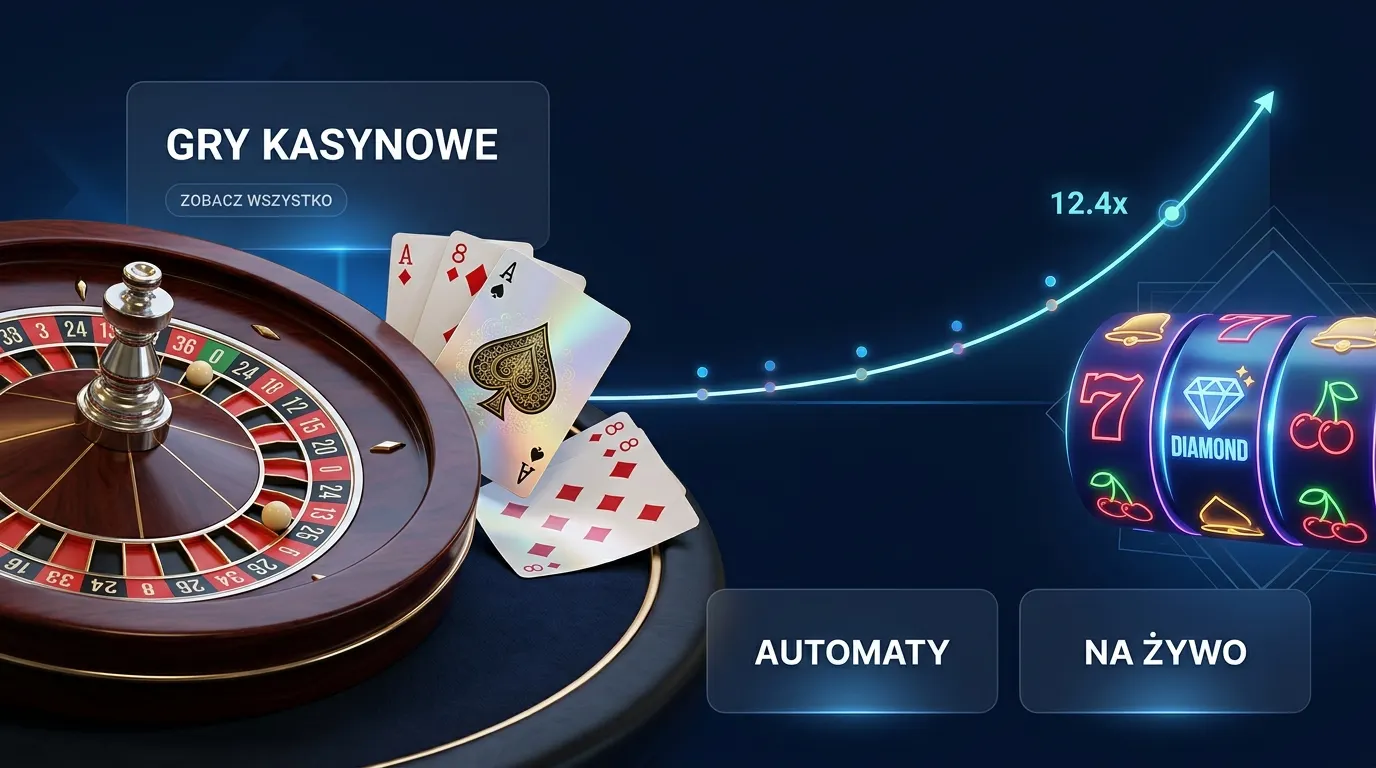 Ilustracyjna mozaika automatów, ruletki, blackjacka i gry typu crash bez logotypów