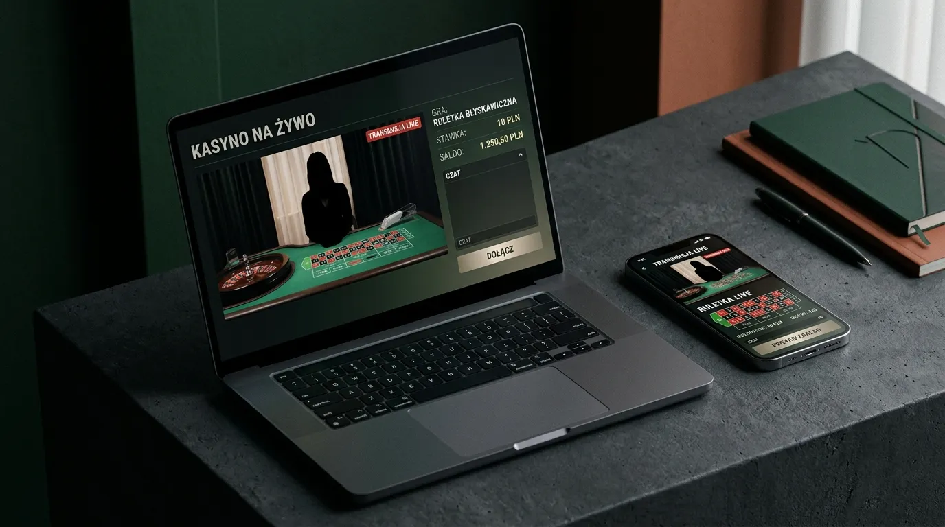Ilustracyjny stół kasyna na żywo pokazany na laptopie i telefonie bez logotypów