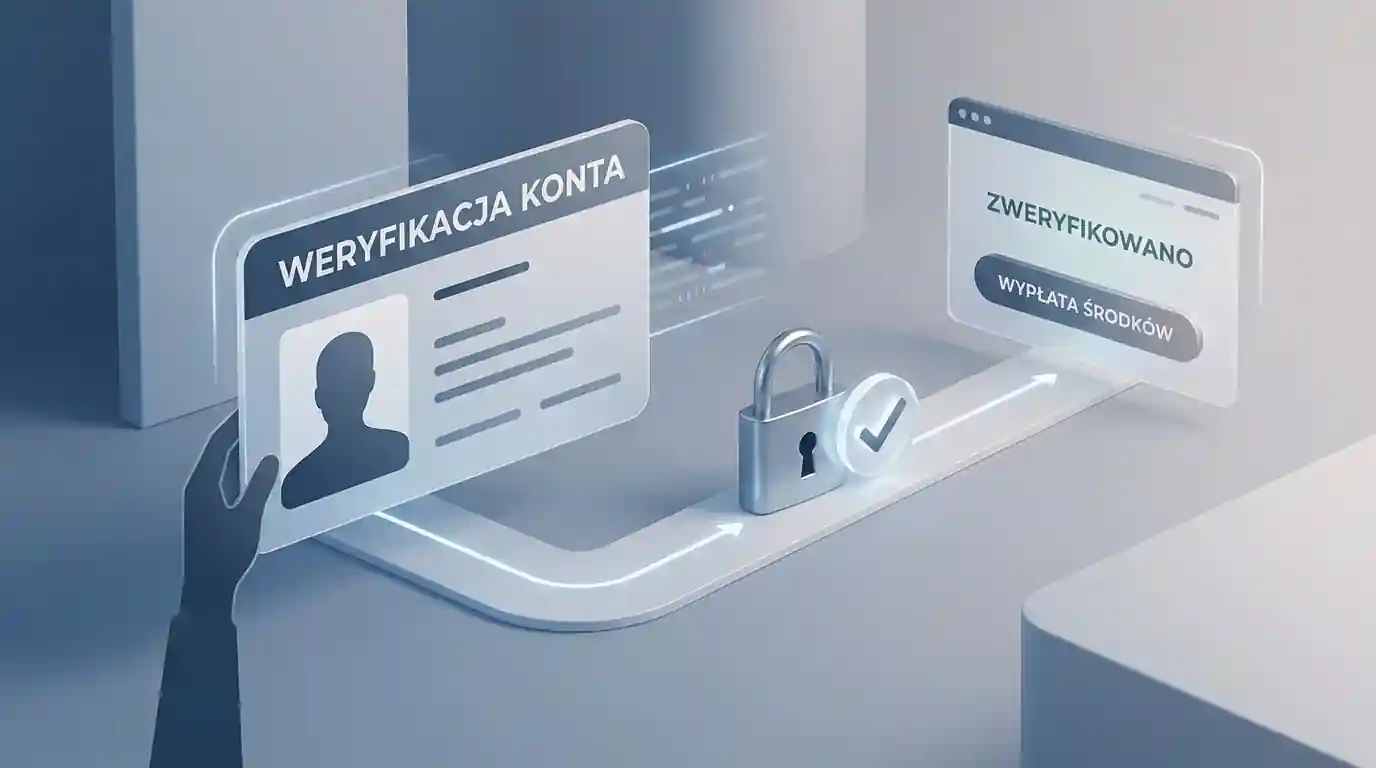 Ilustracja bezpiecznej weryfikacji konta z symbolem dokumentu, kłódki, profilu i wypłaty