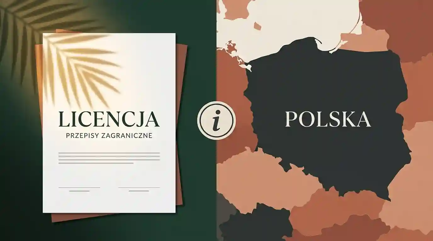 Ilustracja dokumentu licencyjnego, mapy Polski i symbolu informacji regulacyjnej